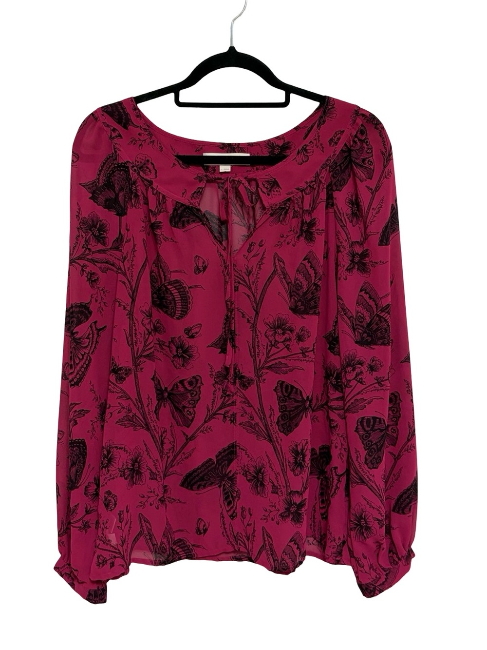 LOFT Butterfly Print Semi-Sheer Popover Tie Split Neck Blouse Burgundy - Size L